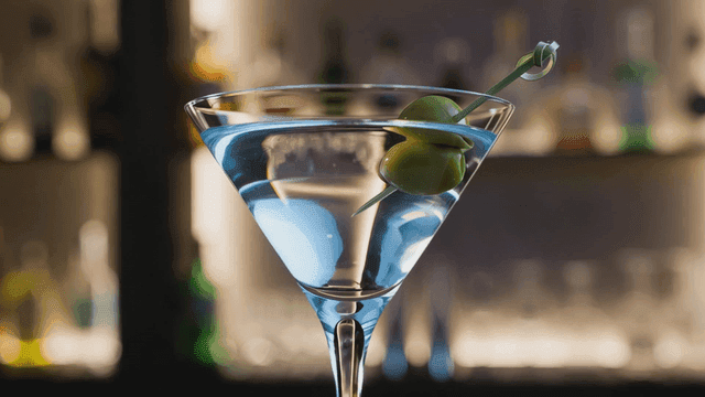 Martini glass with olives at bar