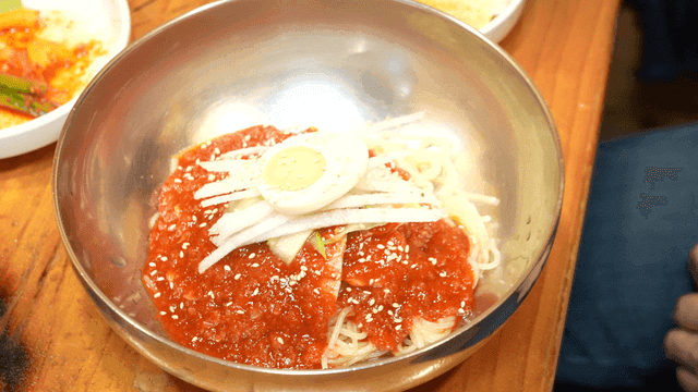 Spicy bibim wheat noodles served