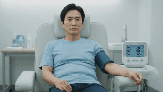 Man measuring his blood pressure at clinic.