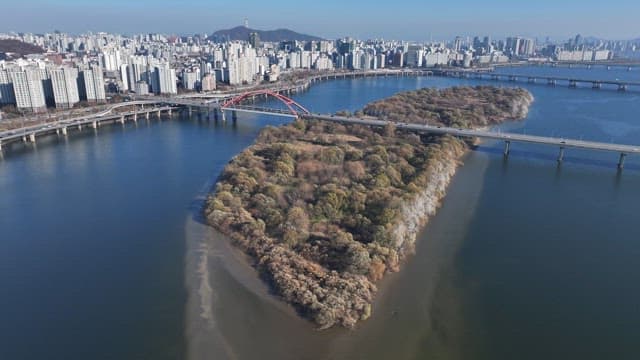 Bamseom Islet under the Bridge in Hangang River and Urban Cityscape