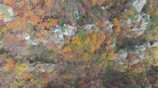 바위 절벽이 있는 다채로운 가을 산