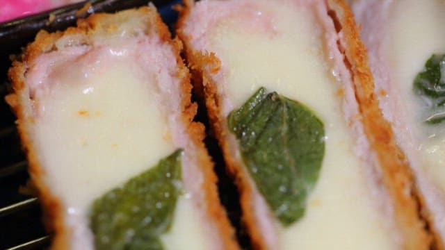 Cheese-filled pork cutlet with perilla leaves