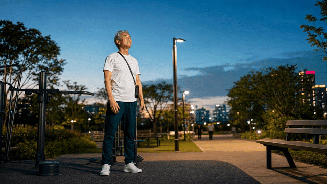 Elderly man stretching in park at night