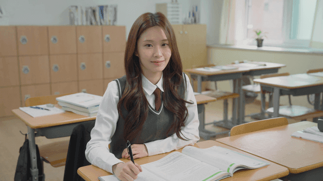 Female student smiling while sitting in the classroom