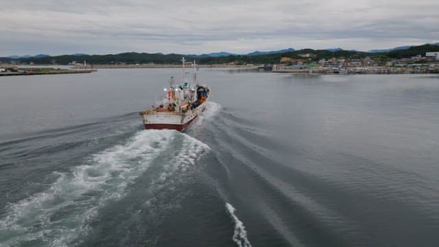 Fishing boat sailing near a coastal town