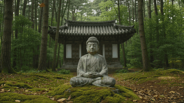 Buddha statue in a serene forest temple