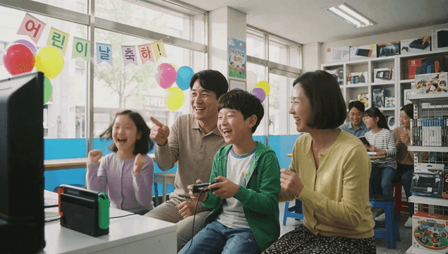 Family playing games together on Children's Day
