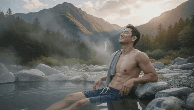 산을 배경으로 온천에서 휴식을 취하는 남성