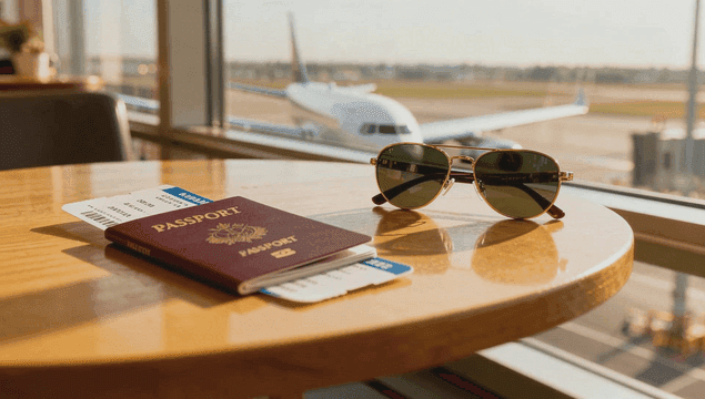 Passport and sunglasses on airport table