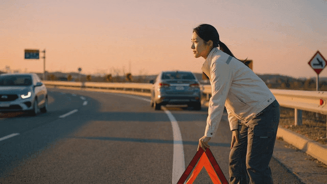 Woman setting up tripod on highway