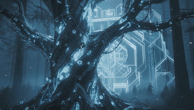 Futuristic tree with glowing circuits