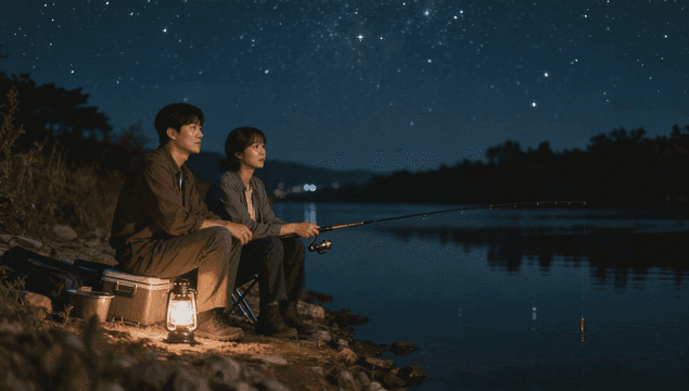 Couple night fishing by starlit lake