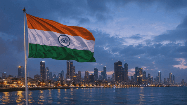 Indian flag fluttering against night city skyline