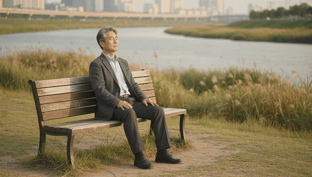 강변 공원 벤치에서 휴식을 취하는 노인 남성
