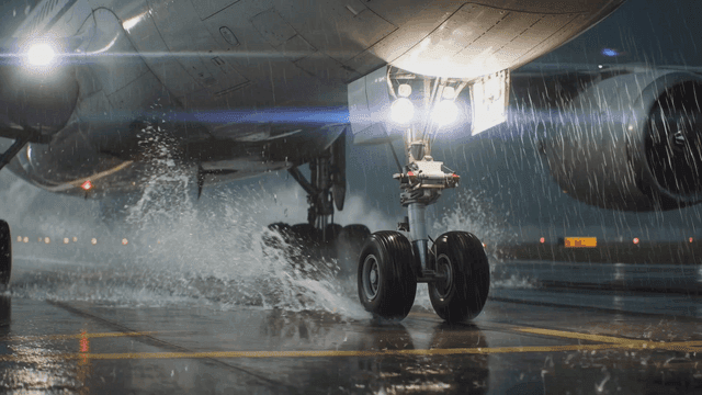 Airplane landing on a wet runway in rain