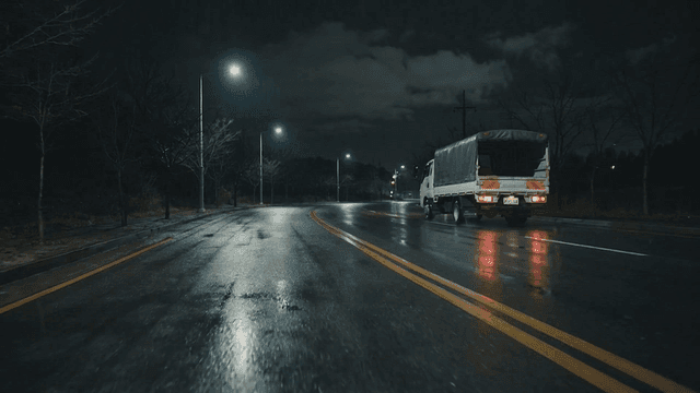 A truck driving on a wet road at night