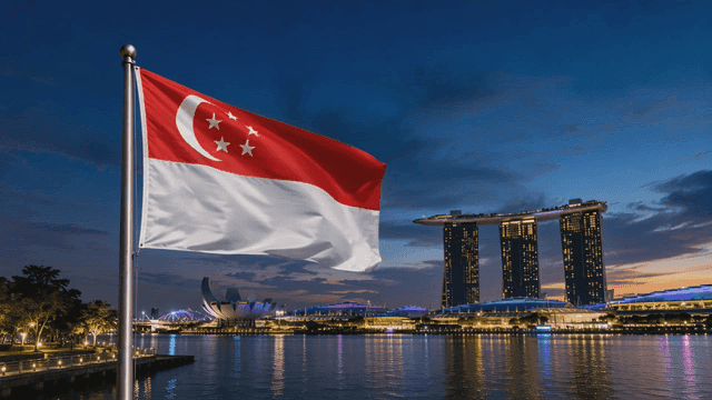 Singapore skyline with national flag