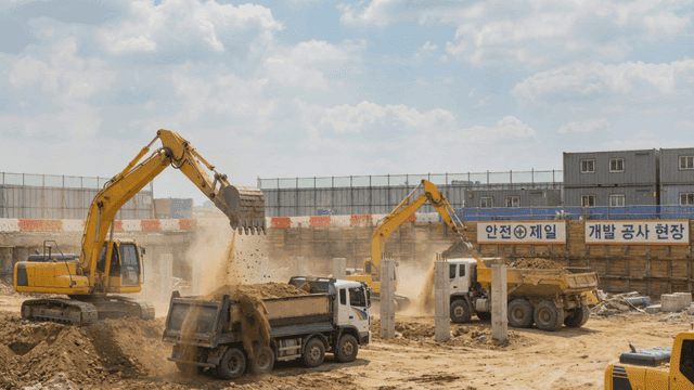 Construction site with excavators and trucks