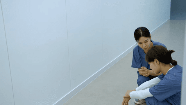 복도에서 동료를 위로하는 간호사