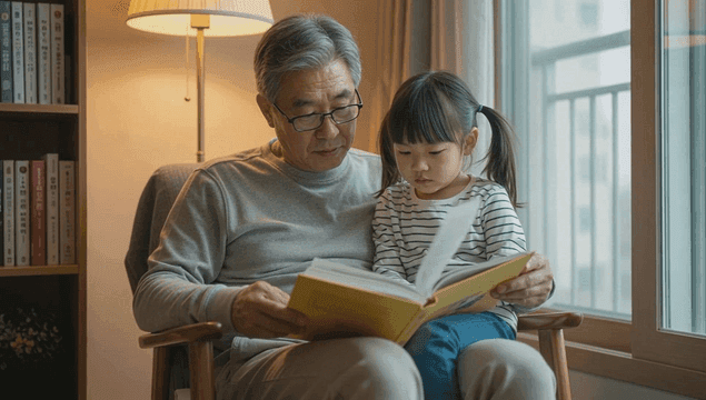 Grandfather reading a fairy tale book with his granddaughter