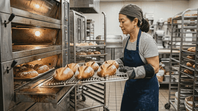 Baker taking bread out of hot oven and sprinkling sugar on it