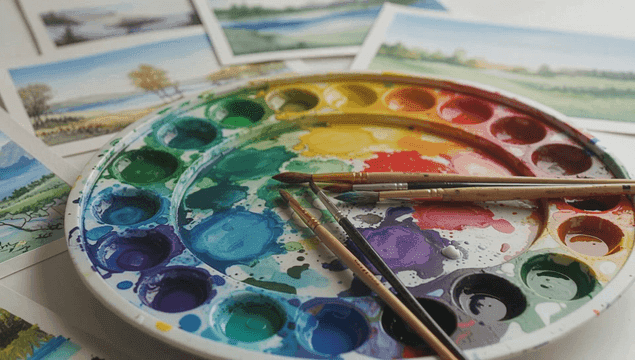다채로운 색상의 팔레트와 붓