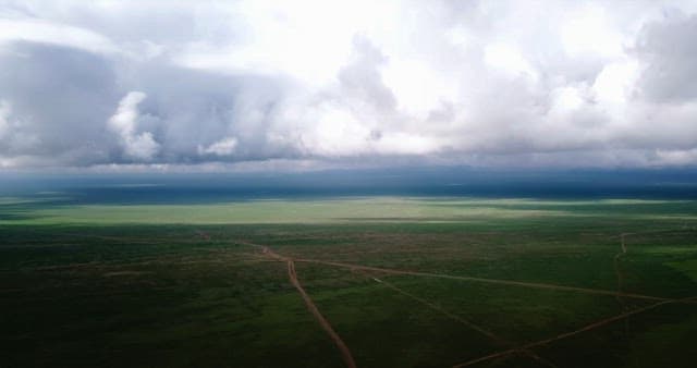 Vast green plains under a cloudy sky