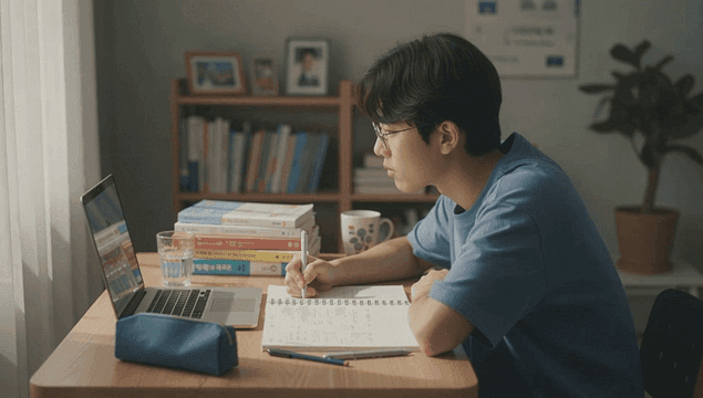 노트북과 함께 책상에서 공부하는 학생