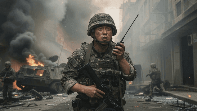 전쟁으로 황폐해진 전장에서 무전에 연락하는 군인