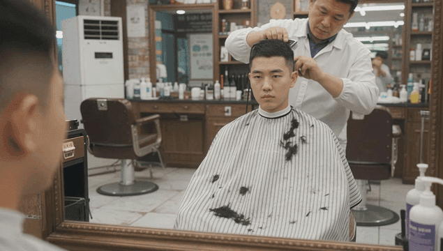 Man getting his hair cut short at barbershop to enlist in military.