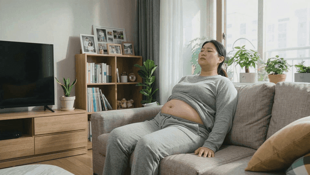 Fat woman sitting on living room sofa