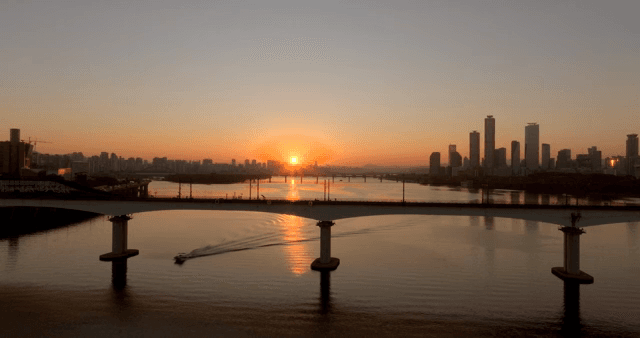 Sunset over a city skyline and river