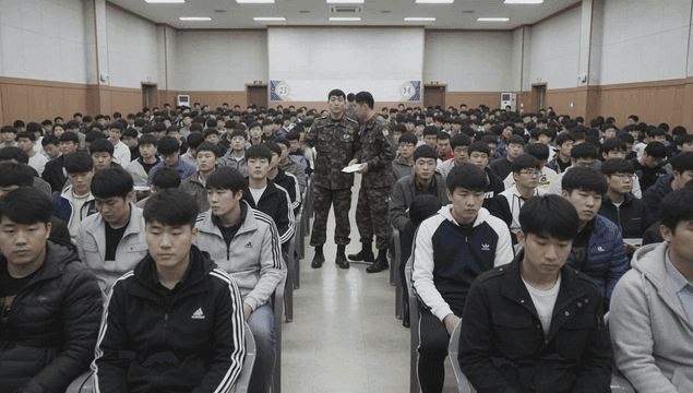 Young men gathered for military physical examination