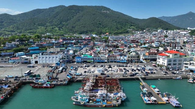 Coastal city with fishing boats and mountains