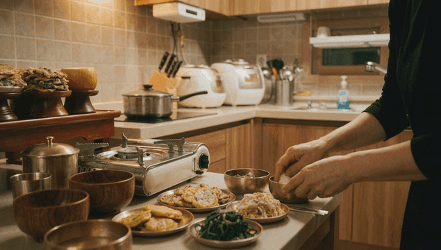 Preparing Korean holiday dishes in cozy kitchen