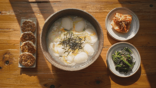 Korean rice cake soup with side dishes