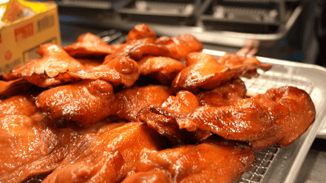 Freshly cooked, glossy duck meat