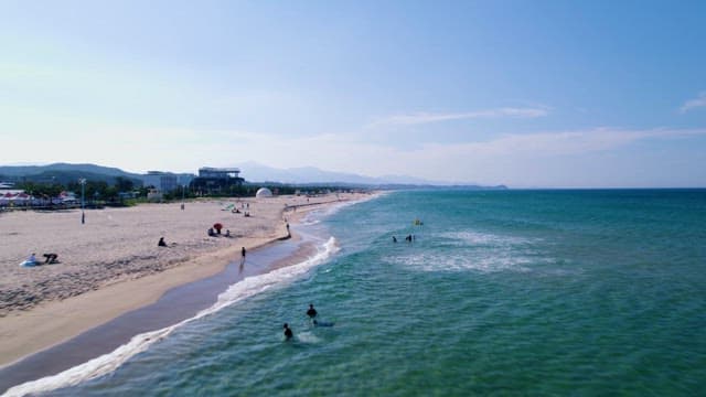 Aerial View of People Enjoying a Sunny Beach Day