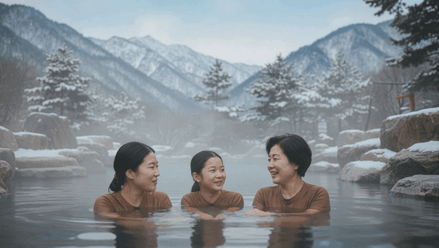 겨울 온천을 즐기는 가족