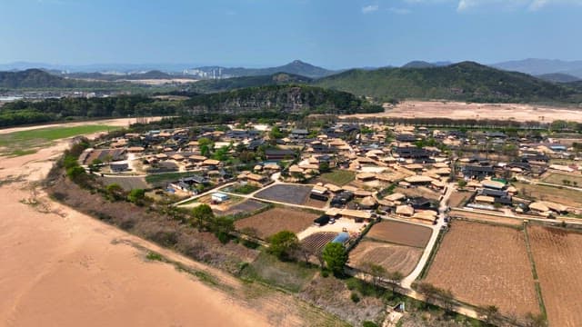 Traditional Korean house village surrounded by mountains