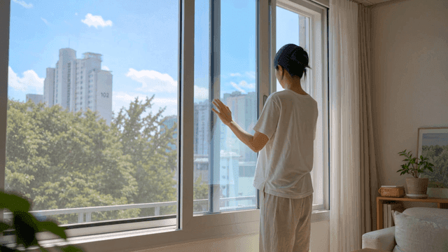 Woman opening window in bright living room