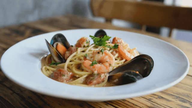 Seafood pasta on wooden table