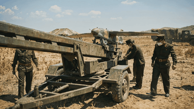 Soldiers preparing North Korean drone in field
