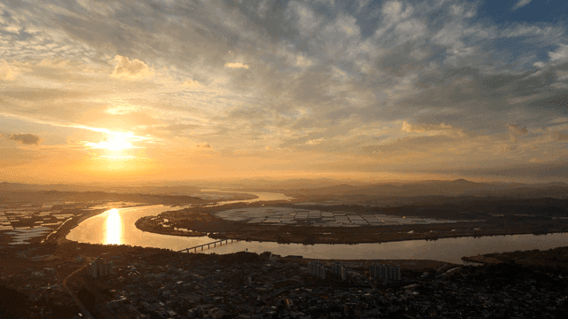 Sunset over a river and cityscape