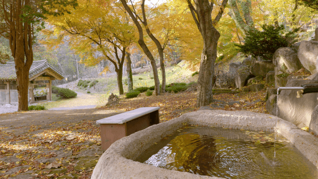 Tranquil autumn landscape with stone water tower
