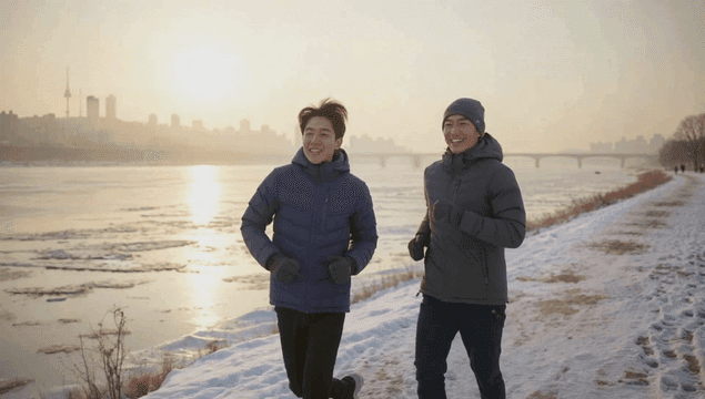 눈 덮인 강변을 달리는 두 친구