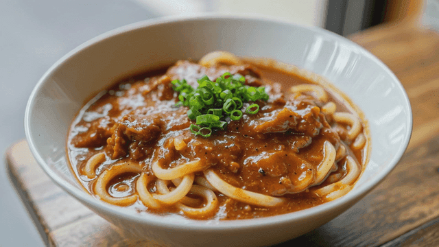 Bowl of bibim udon with rich beef stew