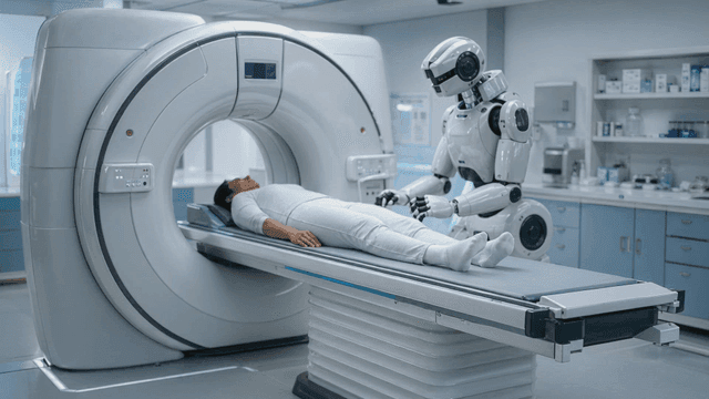 A robot assisting a patient in a hospital