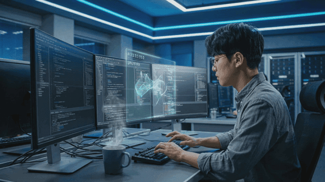 Programmer working with AI modeling holograms and code