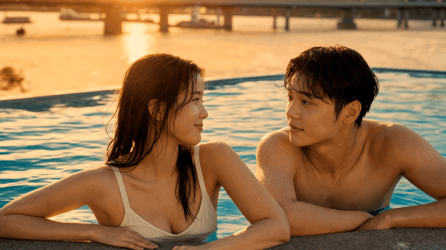 일몰 여름 수영장에서 서로를 바라보는 커플